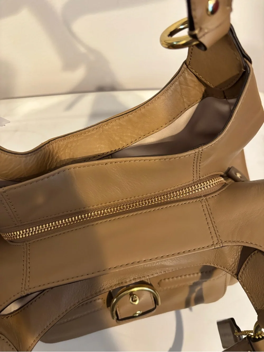 Coach Tan Leather Shoulder Bag with Front Buckle Pocket